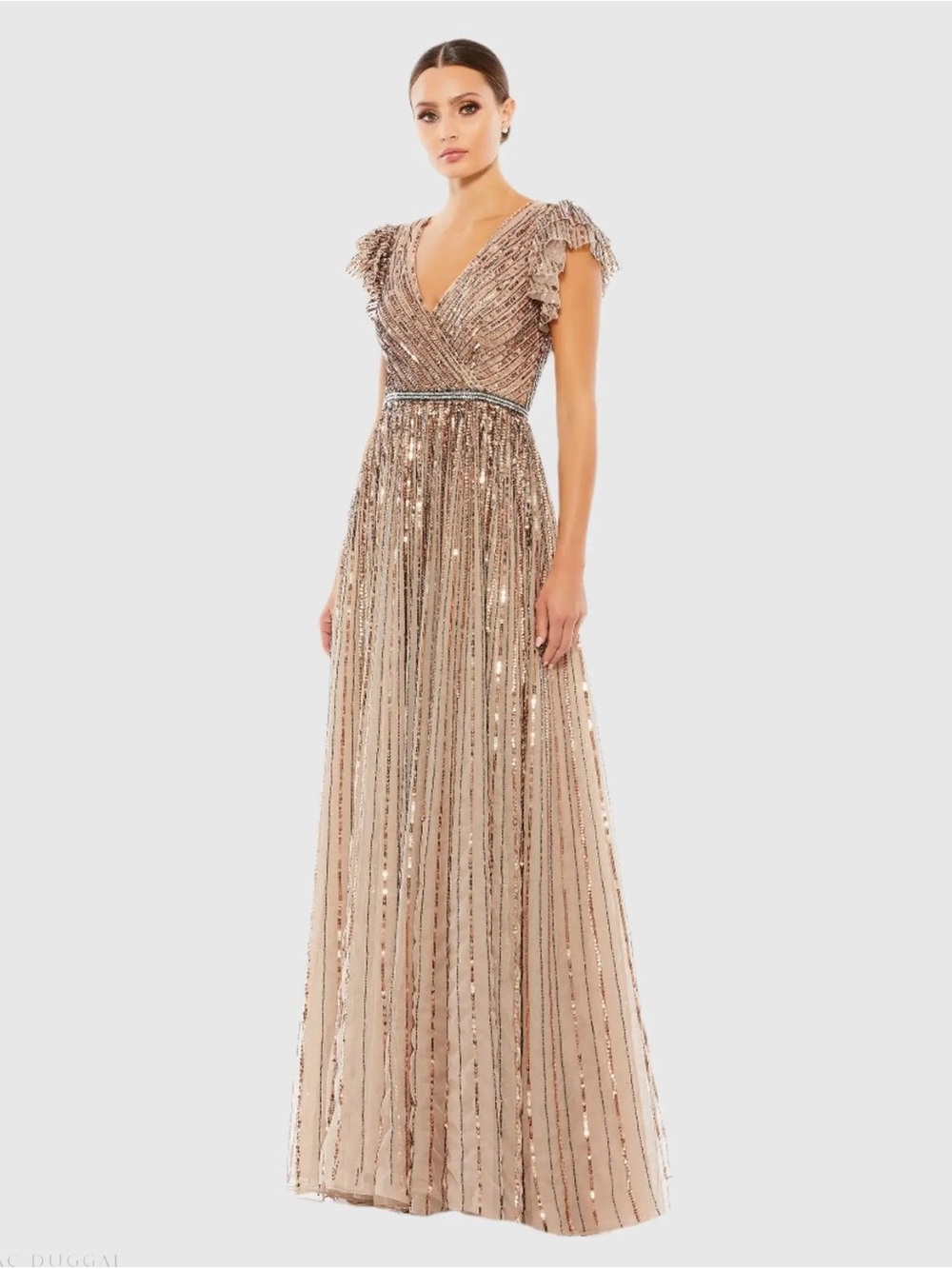 MAC DUGGAL/ Elegant Sequin V-Neck Evening Gown / Champagne/ 5502 / 8 / NWT